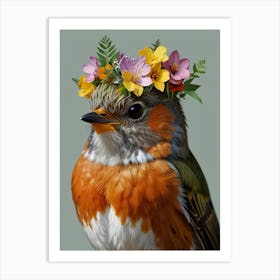 Robin With A Flower Crown European Robin 1 Art Print