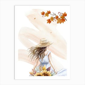 Watercolor Girl With Sunflowers Art Print
