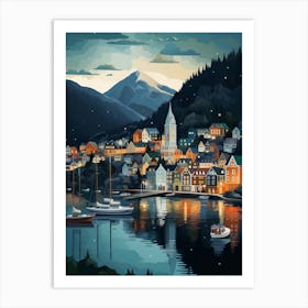 Winter Travel Night Illustration Bergen Norway 4 Art Print