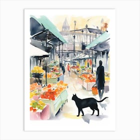 Food Market With Cats In London 2 Watercolour Art Print