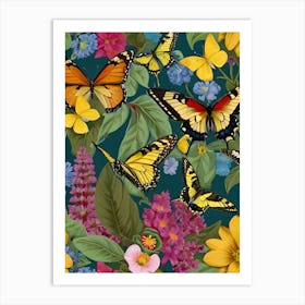 Butterflies On A Green Background Art Print