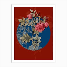 Vintage Botanical Turnip Roses on Circle Blue on Red n.0035 Art Print