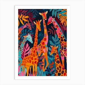 Colourful Blue Leaf Giraffe Herd Art Print