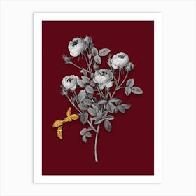 Vintage Burgundian Rose Black and White Gold Leaf Floral Art on Burgundy Red n.0113 Art Print
