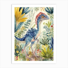 Watercolour Microraptor Dinosaur In The Plants 2 Art Print