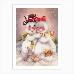 Snowman Couple In Love Art Print