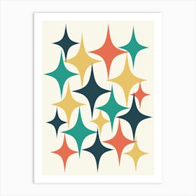 Mid Century Modern Atomic Starburst Teal, Yellow, Orange Art Print