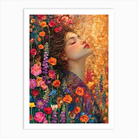 Dreaming of Flowers. Woman Portrait. Gustav Klimt Style Art Print