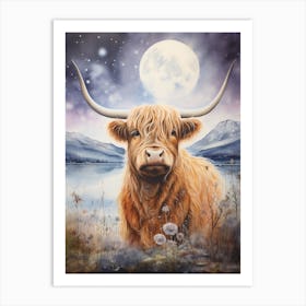 Watercolour Of Highland Cow In The Lake At Night Art Print