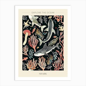 Shark Pattern Seascape Black Background Illustration 1 Poster Art Print