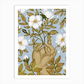 White flowers on blue floral art Art Print