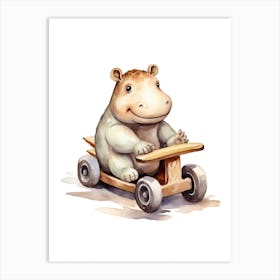 Baby Hippopotamus On Toy Car, Watercolour Nursery 3 Art Print