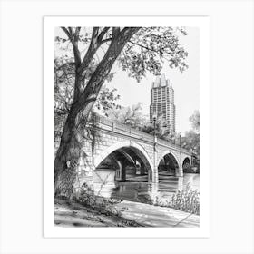 Congress Avenue Bridge Austin Texas Black And White Drawing 1 Art Print