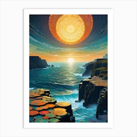 The Giants Causeway - Ireland - Trippy Abstract Cityscape Iconic Wall Decor Visionary Psychedelic Fractals Fantasy Art Cool Full Moon Third Eye Space Sci-fi Awesome Futuristic Ancient Paintings For Your Home Gift For Him Art Print