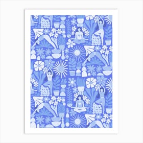 Women Doing Yoga Poses and Mindful Meditation Blue Tone Art Print