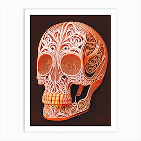 Skull With Intricate Linework 3 Orange Line Drawing Art Print