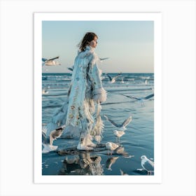 "Woman with Seagulls in Timeless Elegance" Art Print