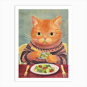 Cute Brown Cat Eating Salad Folk Illustration 2 Art Print