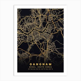 Gangnam Seoul South Korea Black And Gold Map Art Print