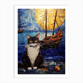 Mosaic Of A Cat At A Medieval Dock Art Print