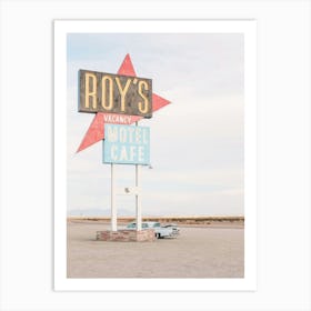 Route 66, USA I Vintage retro neon and American car at Roy's Motel Cafe in the California desert to the minimalist geometric photography pastel summer aesthetic of a travel trip to the West Coast countryside Art Print