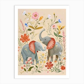 Folksy Floral Animal Drawing Elephant 1 Art Print