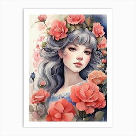 Girl With Roses Art Print