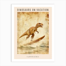 Vintage Carnotaurus Dinosaur On A Surf Board 1 Poster Art Print