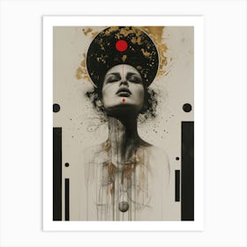 Moon Goddess Dark Ink Drawing Surreal Dripping Paint Ink Platter Gold Foil Art Print