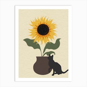 Vintage Minimal Art Cat And Sunflower Art Print