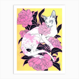 Cute Oriental Shorthair Cat With Flowers Illustration 3 Art Print