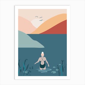 Woman Wild Swimming In Lake At Sunset Art Print