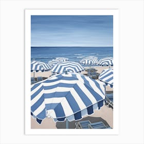 Striped Blue And White Beach Umbrellas In Italy Art Print