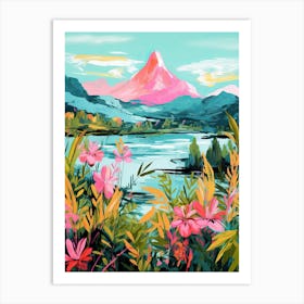 Pink Mountain Lake Travel Painting Botanical Housewarming Art Print