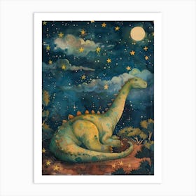 Dinosaur Sleeping Under The Stars Watercolour Storybook Painting 1 Art Print