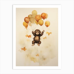Monkey Flying With Autumn Fall Pumpkins And Balloons Watercolour Nursery 4 Art Print