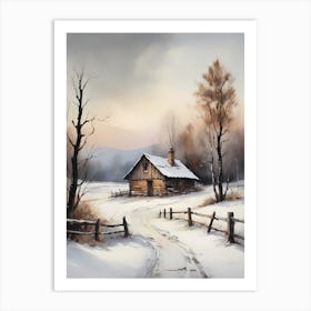 Rustic Winter Oil Painting Vintage Cottage (10) Art Print