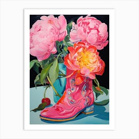 Oil Painting Of Hydrangea Flowers And Cowboy Boots, Oil Style 2 Art Print