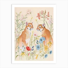 Folksy Floral Animal Drawing Cougar Art Print