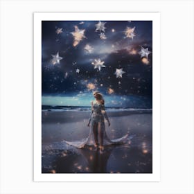 Woman on the beach surrounded by cosmic stardust Art Print