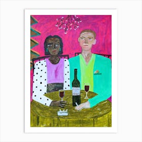 A couple of people at a table in a cafe drinking wine Art Print