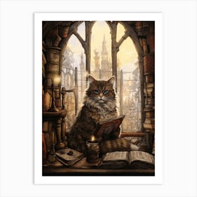 Illustration Of Cat In Medieval Library Art Print