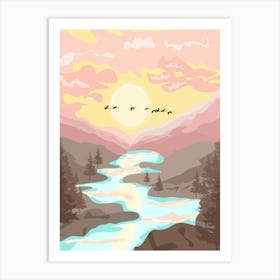 Mountain Birds River Sunset Pine Trees Abstract Modern Mountain Scenery Nature Landscape Art Print