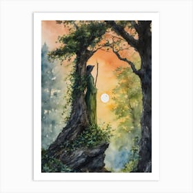 The Watcher ~ A protective forest guardian spirit keeps watch at sunrise, ivy witchy woods witch pagan wheel of the year wiccan spiritual awakening third eye watercolor painting yoga manifesting law of attraction gothic Art Print