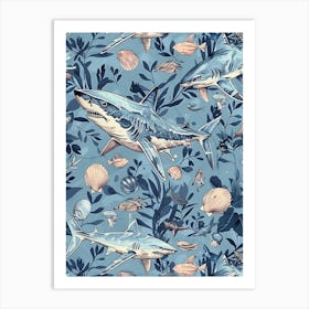 Pastel Blue Pelagic Thresher Watercolour Seascape Pattern 3 Art Print