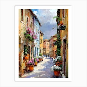 A painting of a street in a small town, a fine art painting, by Bernard D’Andrea, trending on cg society, josephine wall and pino daeni, beautiful painting of a tall, garmash, cinq terre, lourmarin, spring evening, in an alley, painted with a thin brush, raphaël, 1 Art Print