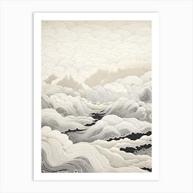Chugoku Mountains In Multiple Prefectures, Ukiyo E Black And White Line Art Drawing 2 Art Print