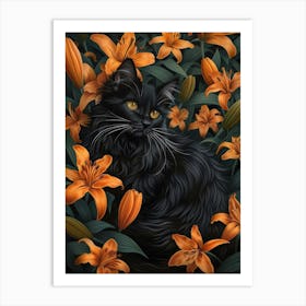 Black Cat With Orange Lilies 1 Art Print