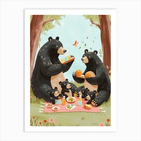 American Black Bear Family Picnicking In The Woods Storybook Illustration 3 Art Print