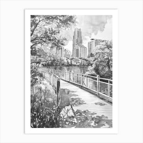 Lady Bird Lake And The Boardwalk Austin Texas Black And White Watercolour 1 Art Print